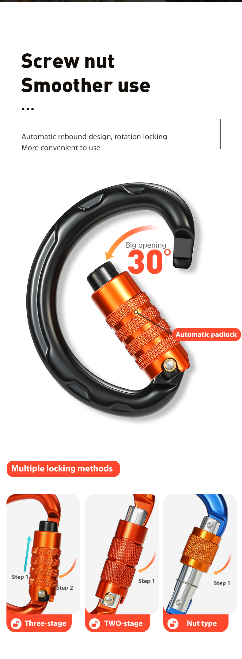 Hebilla de montañismo, equipo de escalada al aire libre, gancho de seguridad semicircular resistente al desgaste, cerradura principal automática de 3 secciones de aleación de aluminio