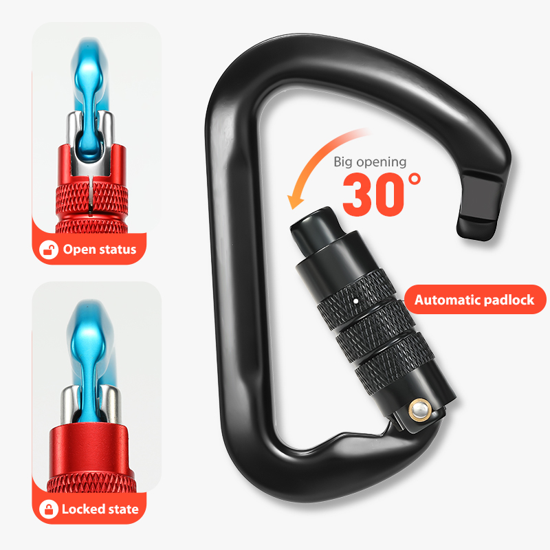 Hebilla de monta&ntilde;ismo Equipo de escalada al aire libre Resistente al desgaste Gancho de seguridad tipo D Aleaci&oacute;n de aluminio Cerradura principal autom&aacute;tica de 2 etapas